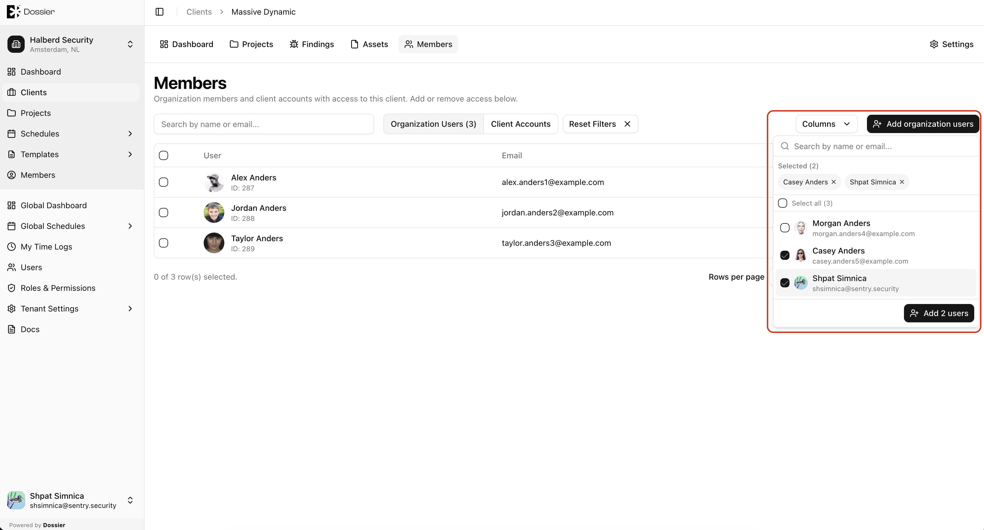 Add org members to client active