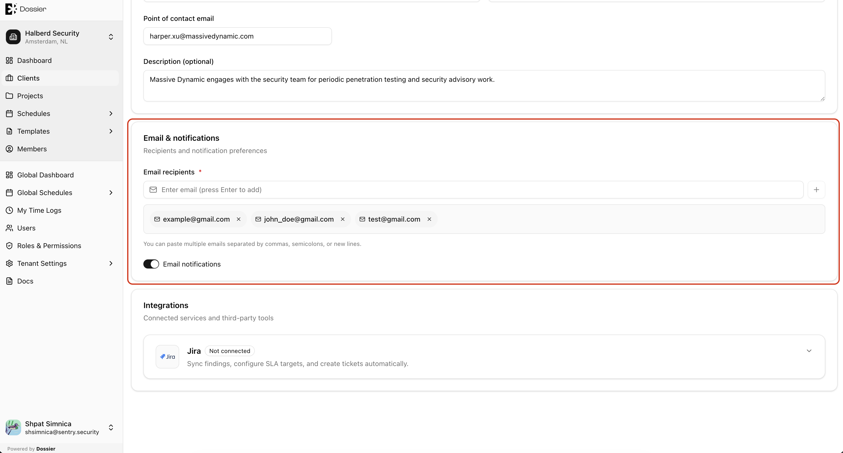 Client email section