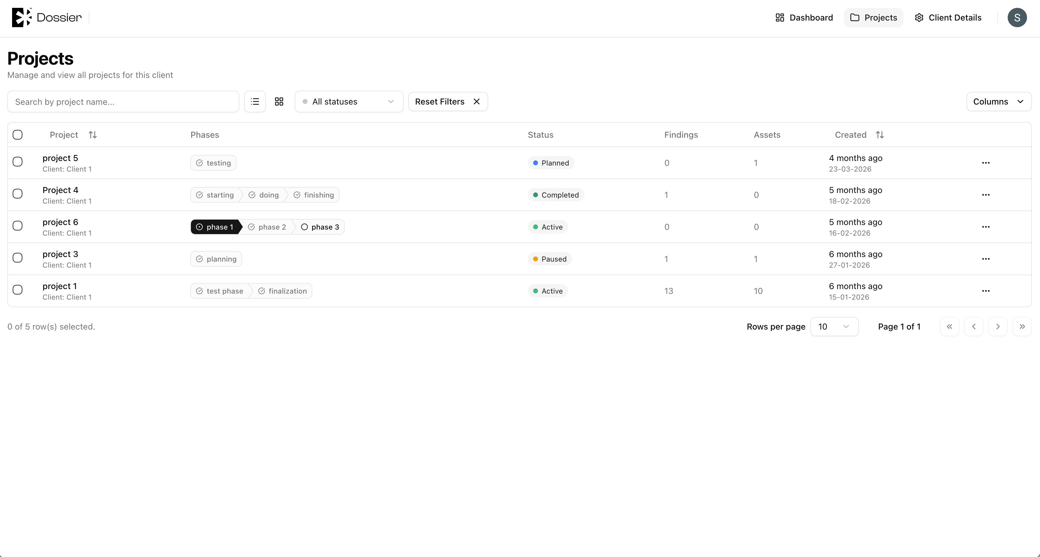 Client portal project list