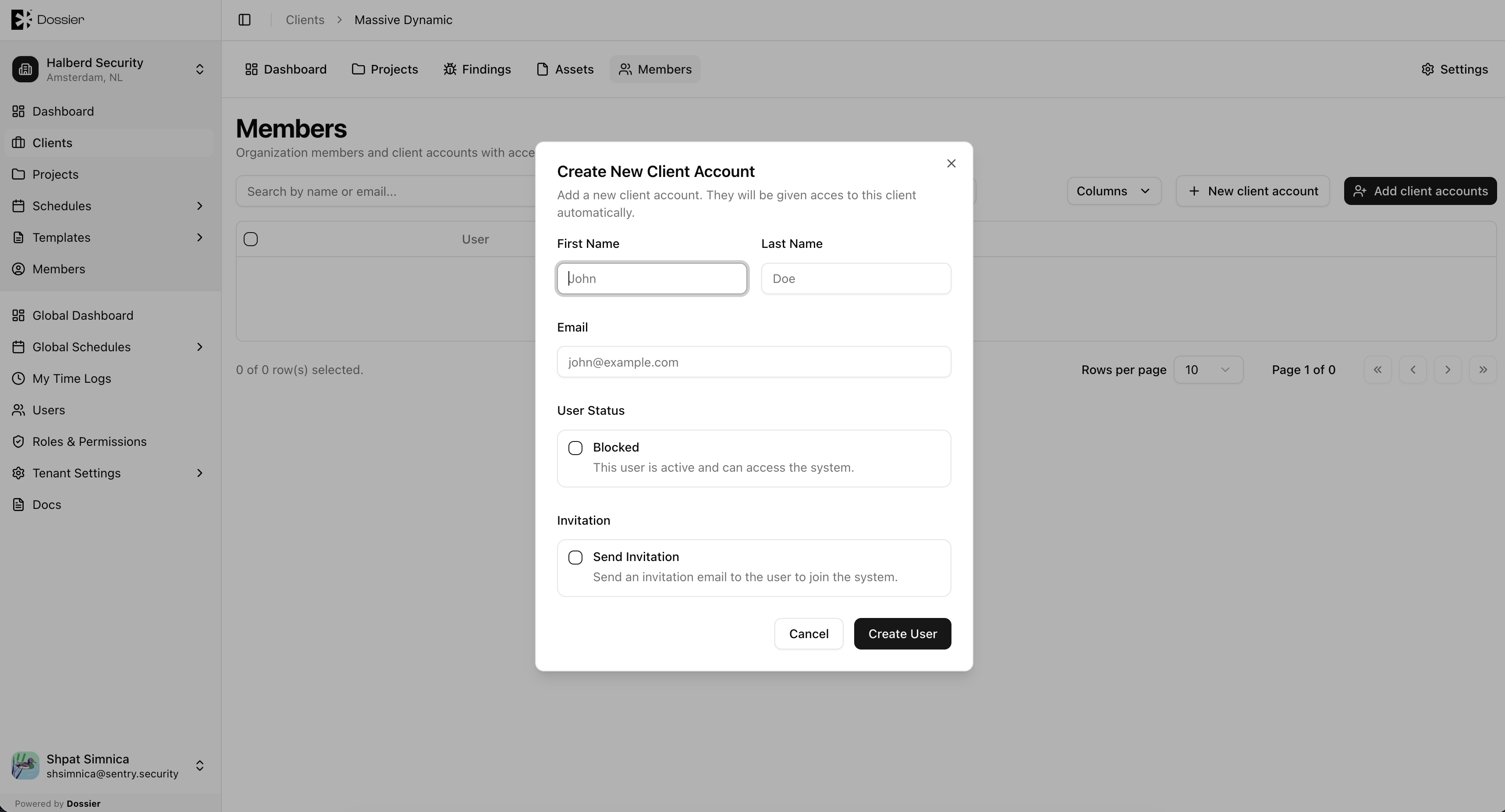Create client account modal