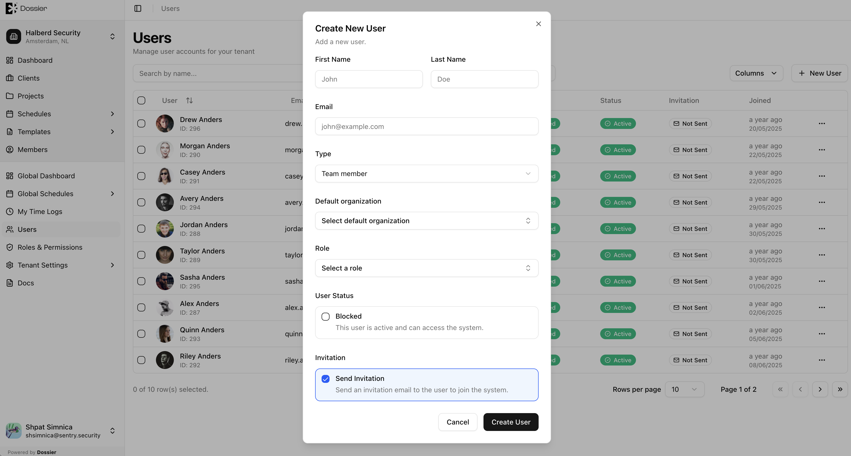 Create new user dialog