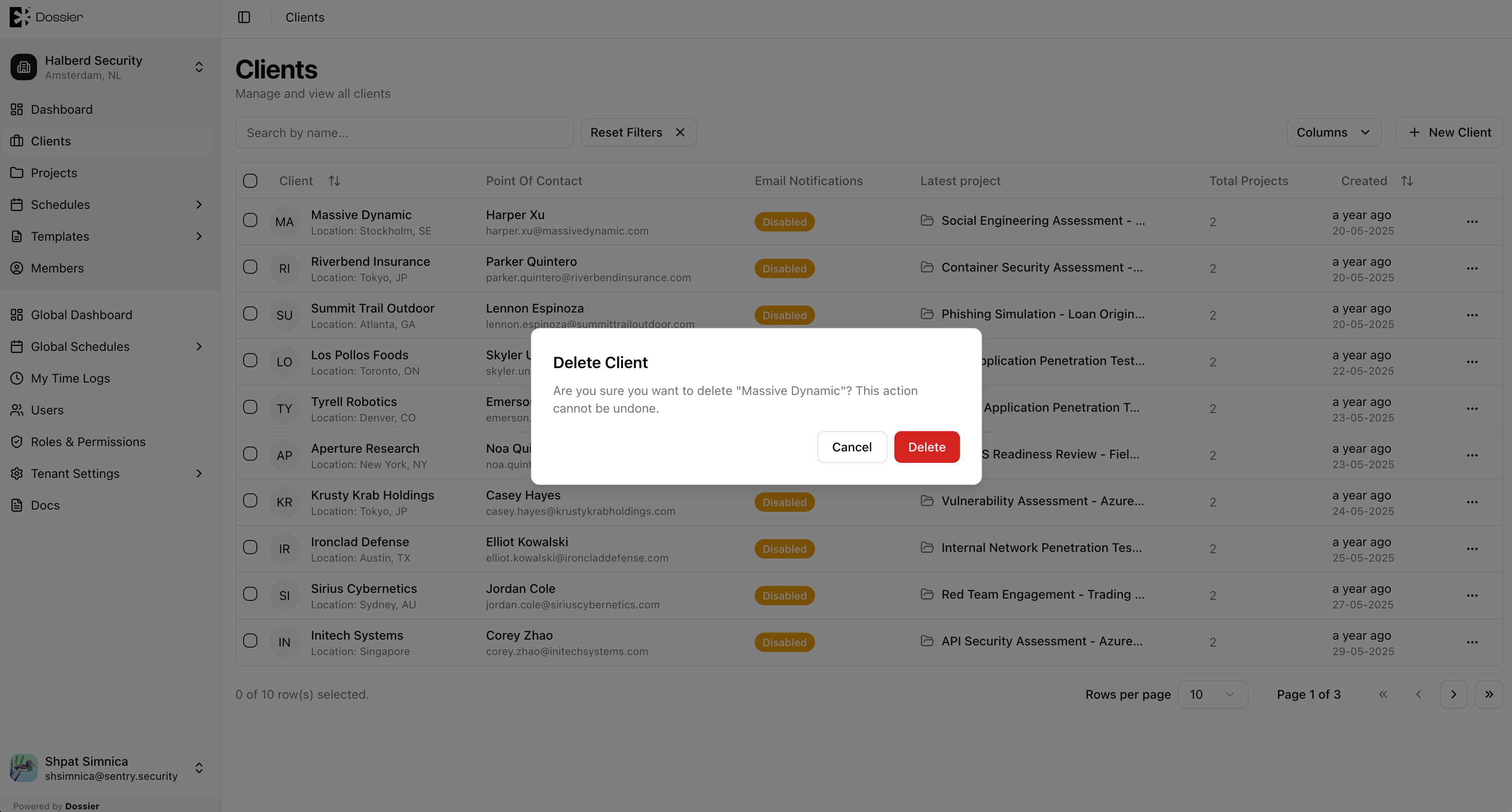 Delete client confirmation