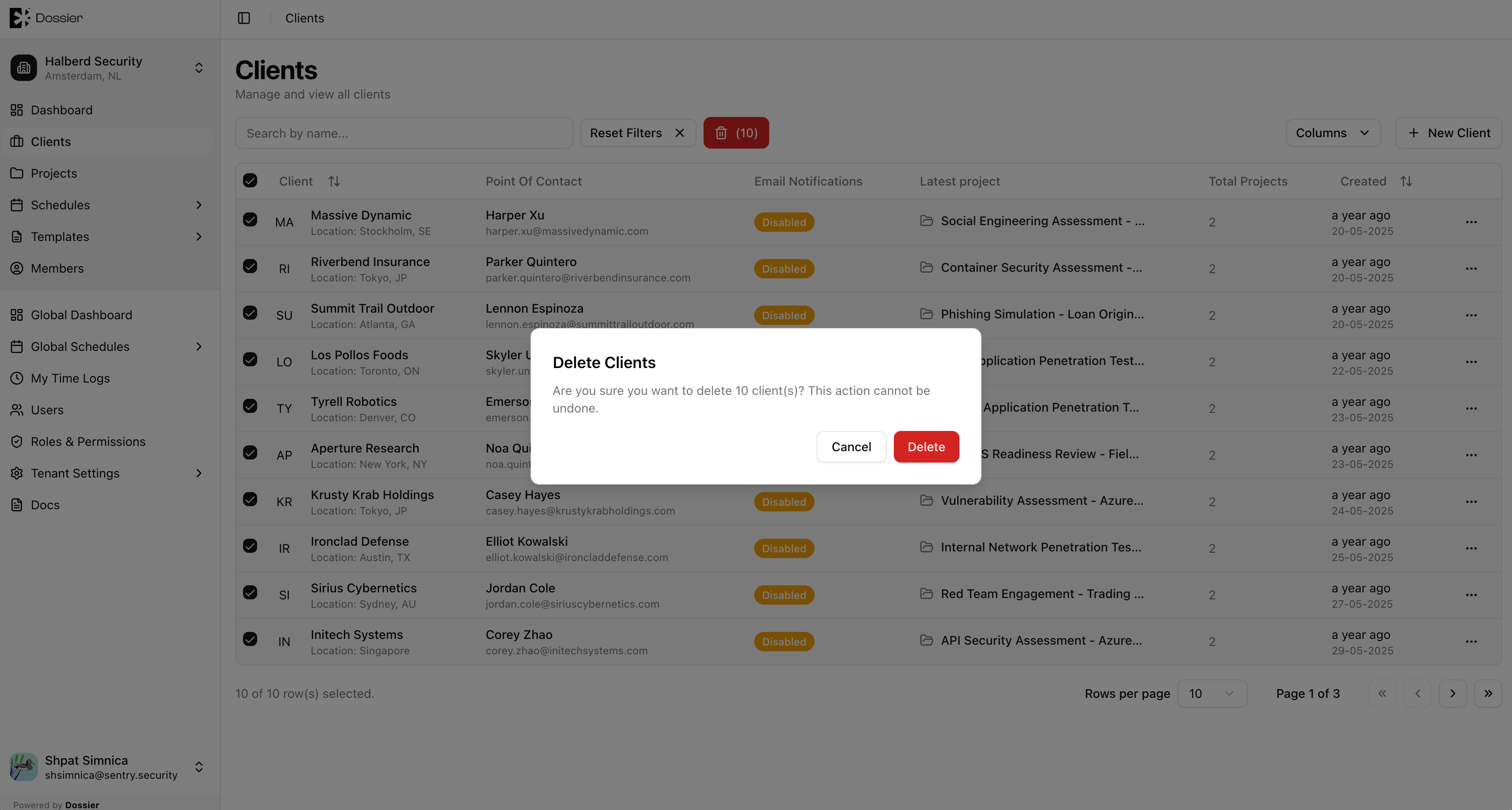 Delete multiple clients confirmation