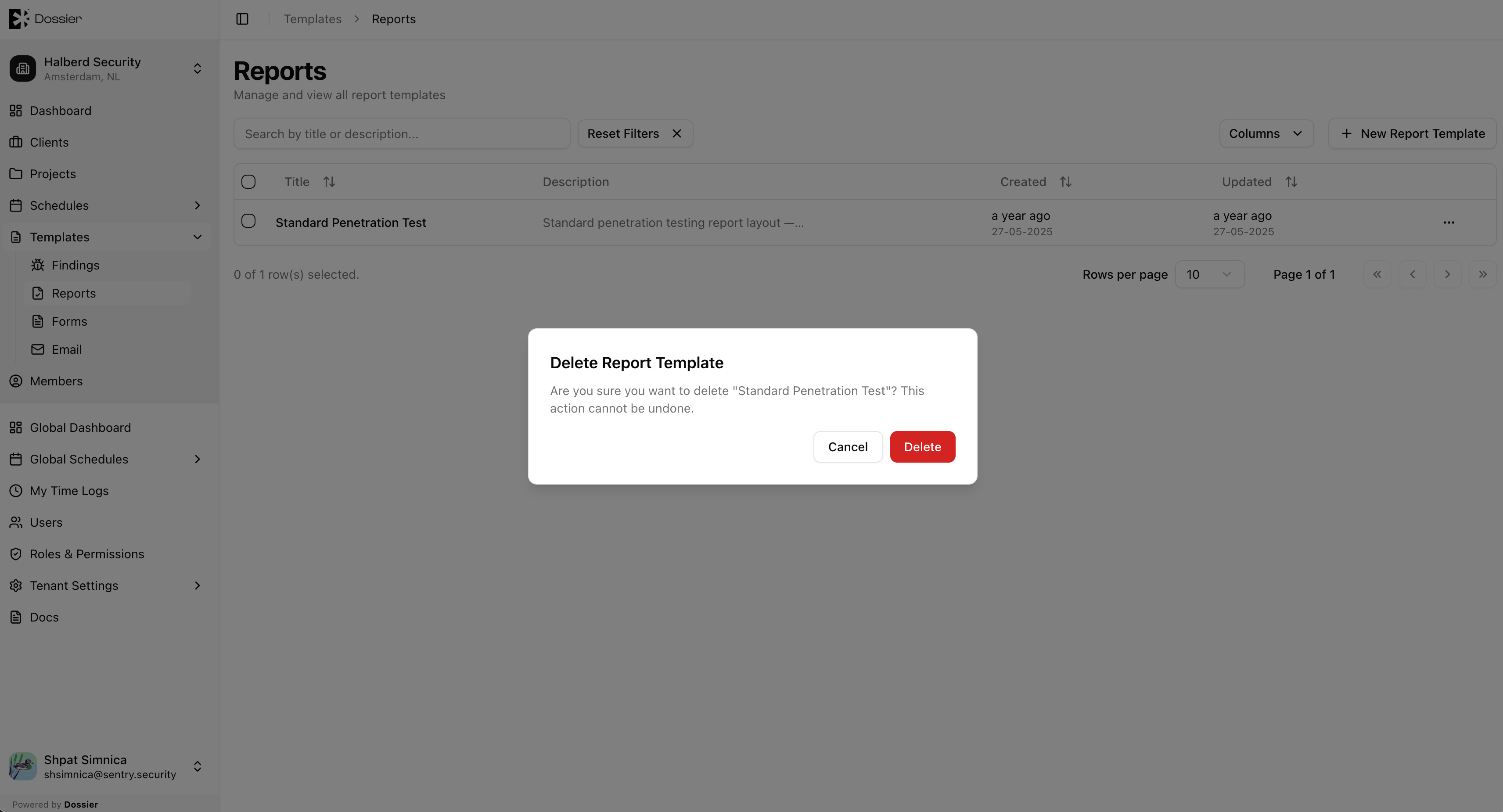 Delete Report template
