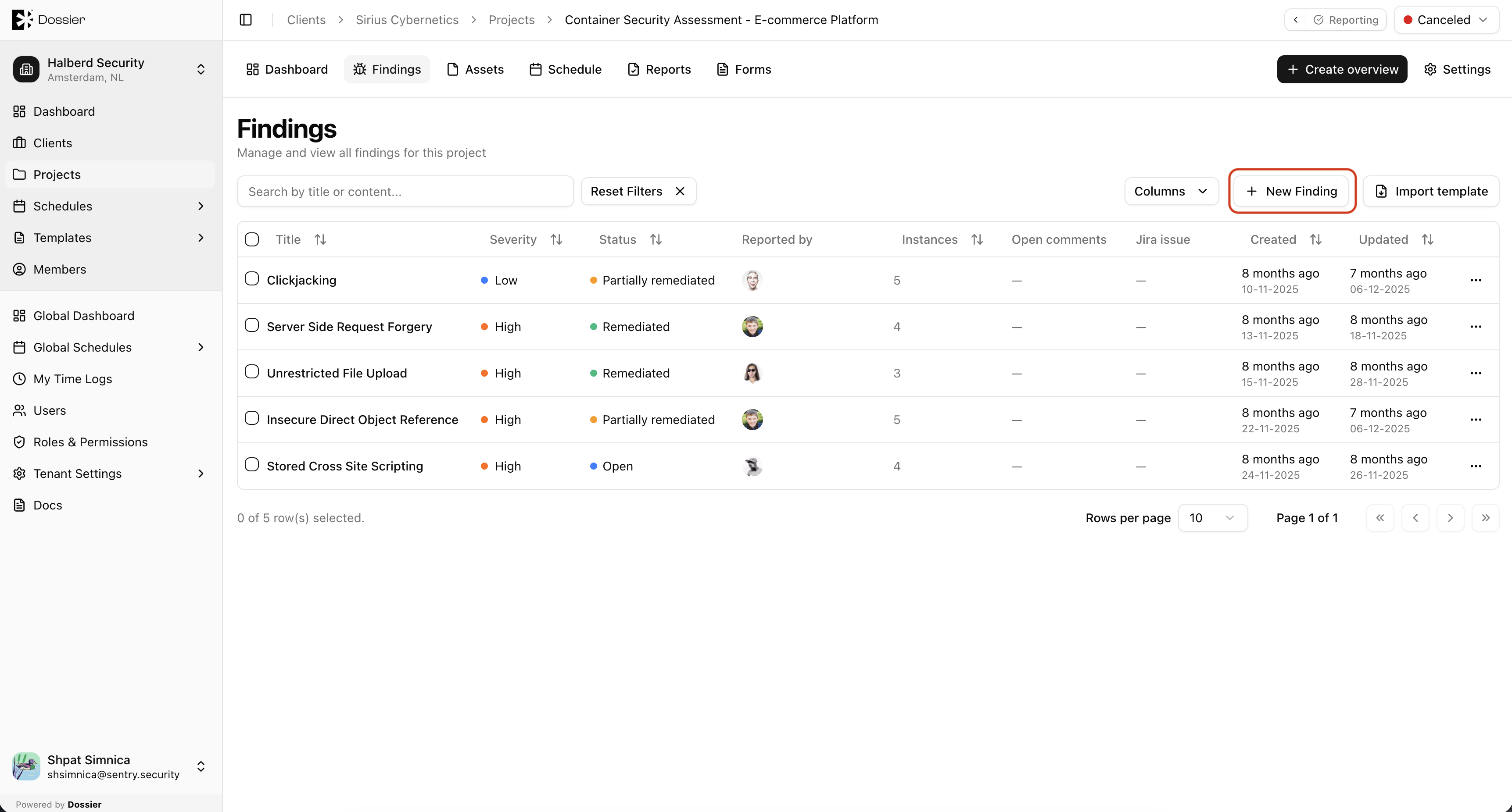 Create Finding button