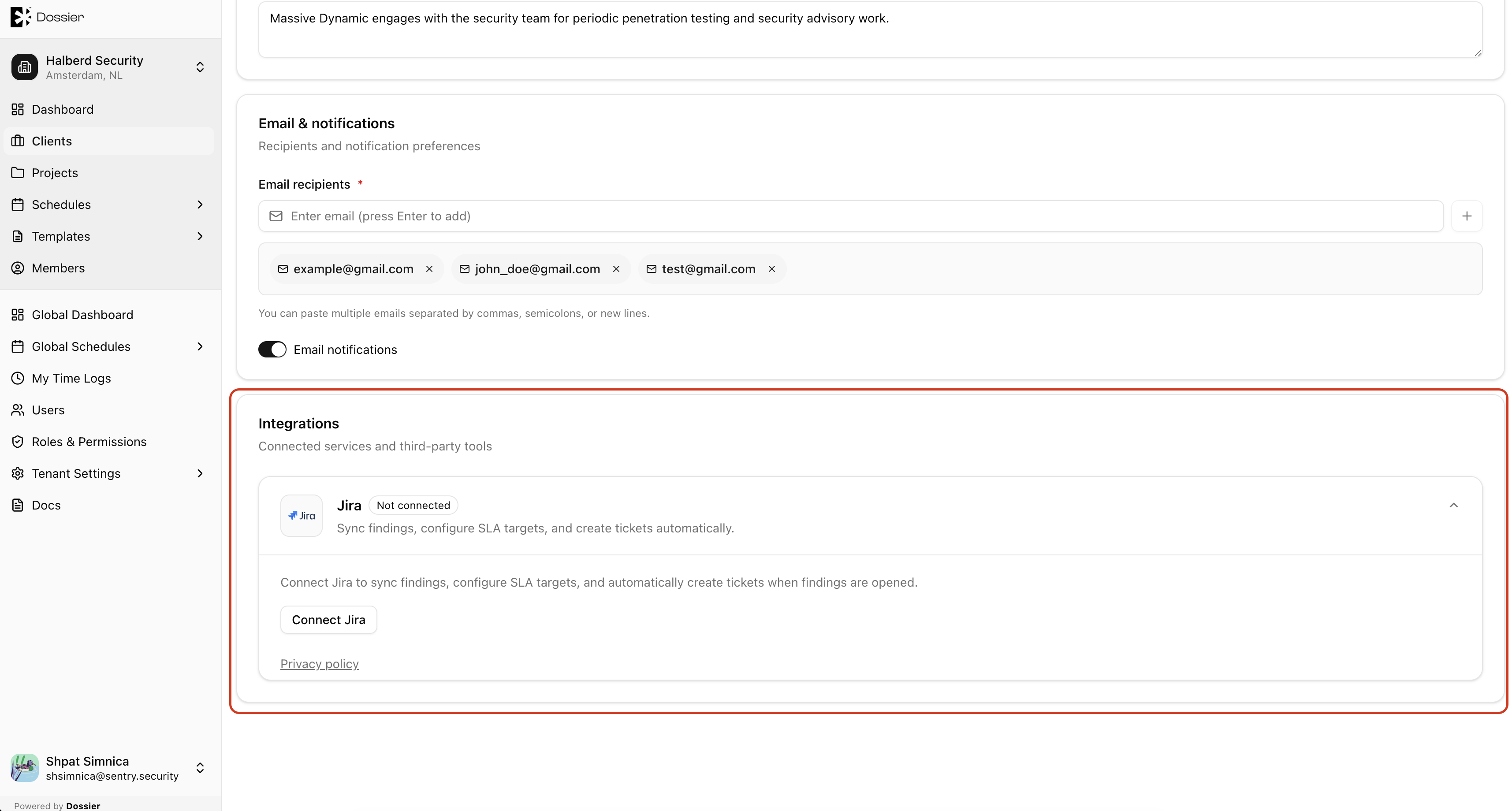 Client details jira section