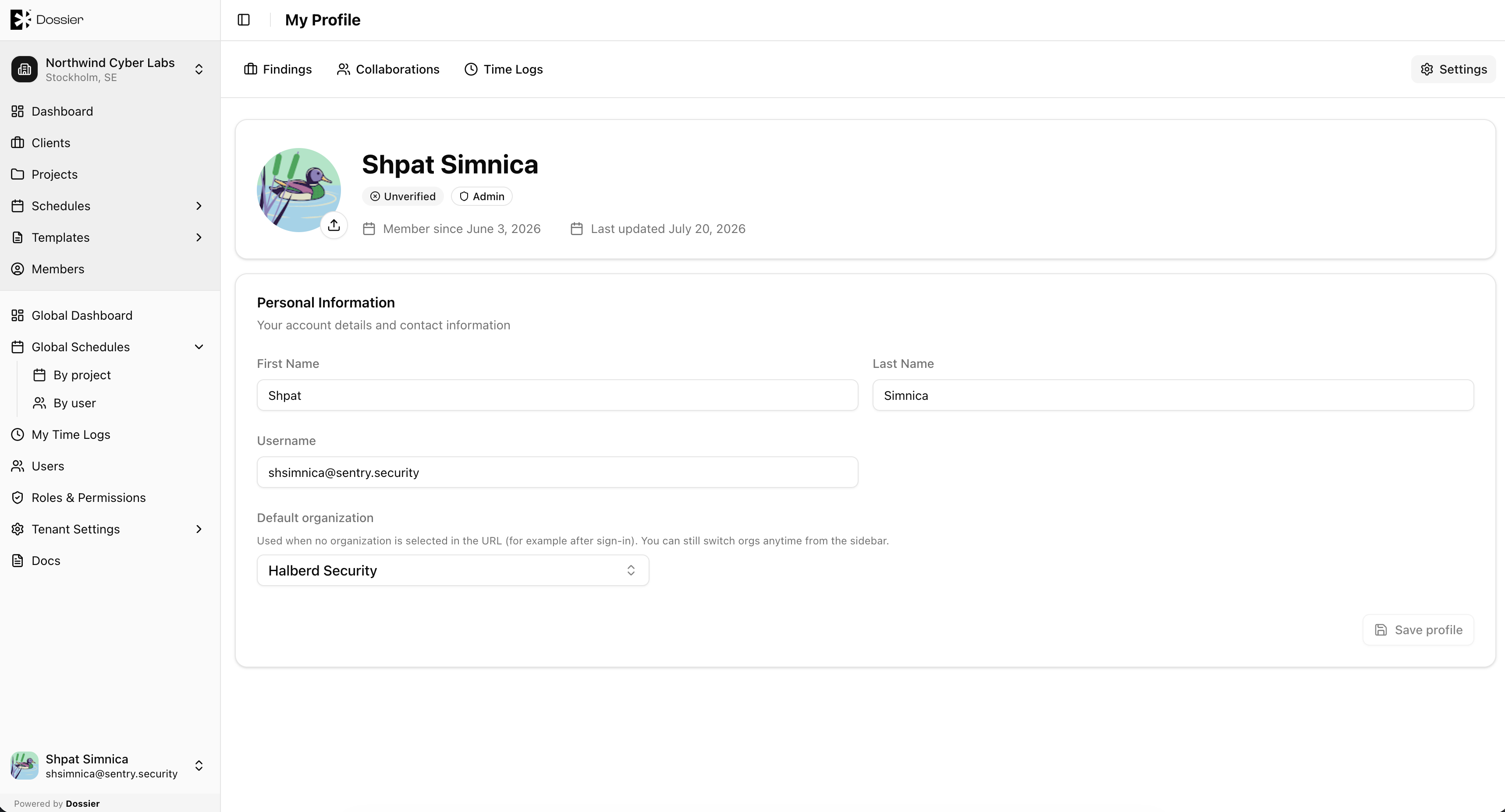 Profile page