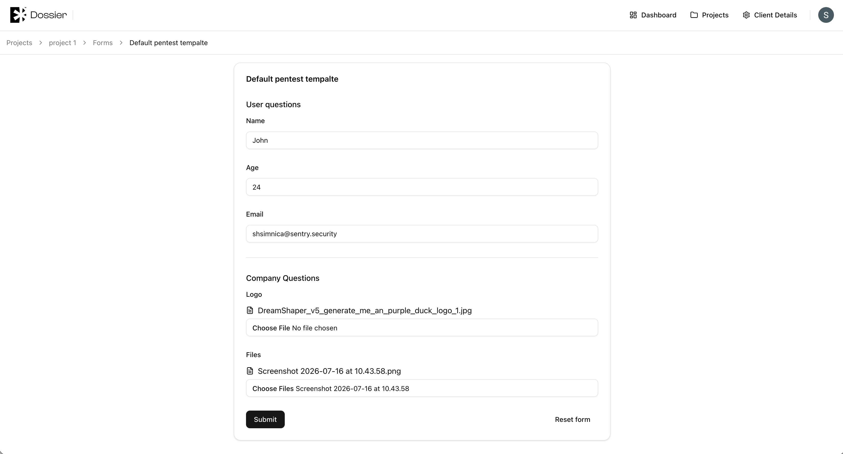 Client portal form submission
